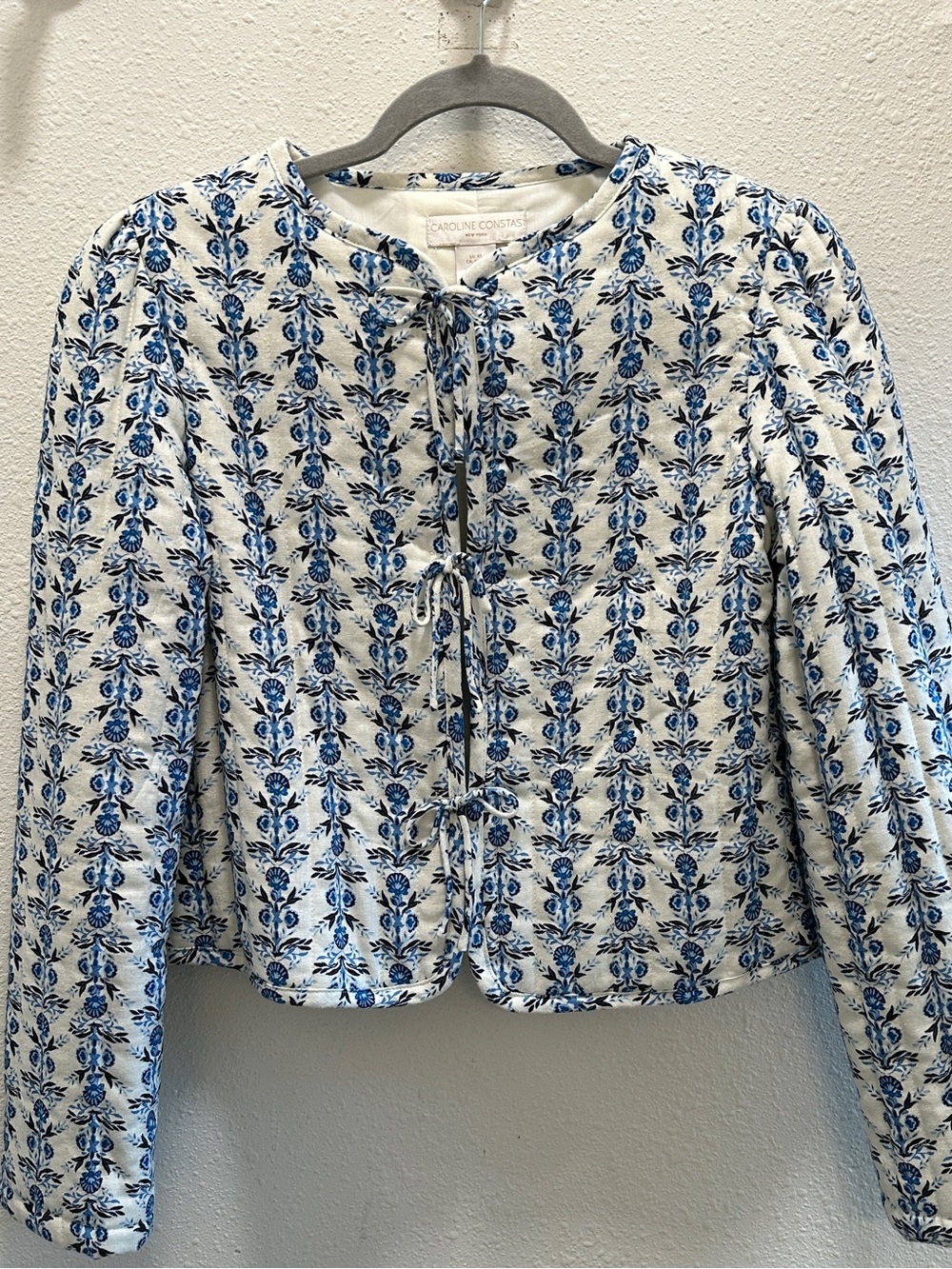 Caroline Constas White Quilted Jacket with Blue Floral Print
